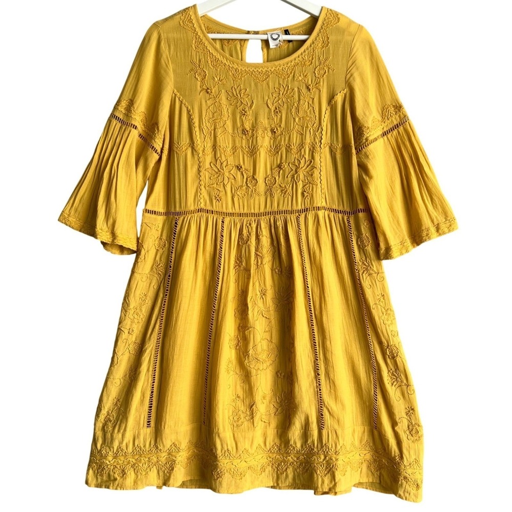Anthropology Akemi Kin Mustard Embroidered Boho Bell Sleeve Mini Dress Small